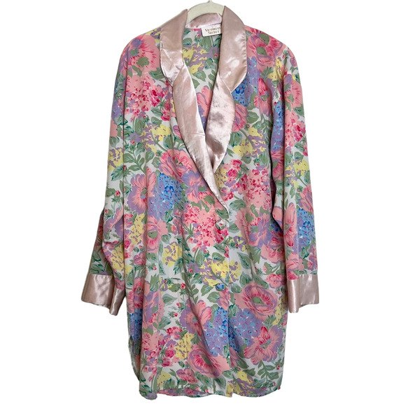 Victoria's Secret Other - Vintage Victorias Secret Gold Label Pink Floral Satin Sleep Shirt M Long Sleeve